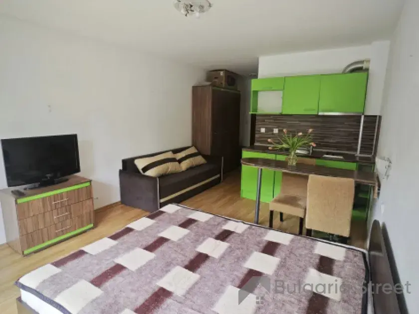 Łóżko i aneks kuchenny w pokoju dziennym