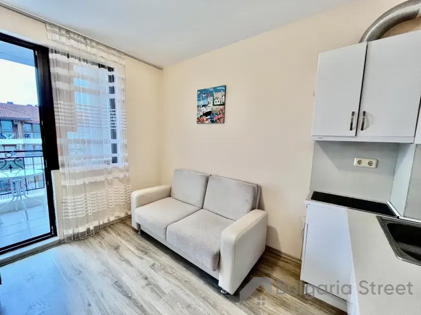 Apollon 9 | Studio, aneks kuchenny, sofa i wyjście na balkon.